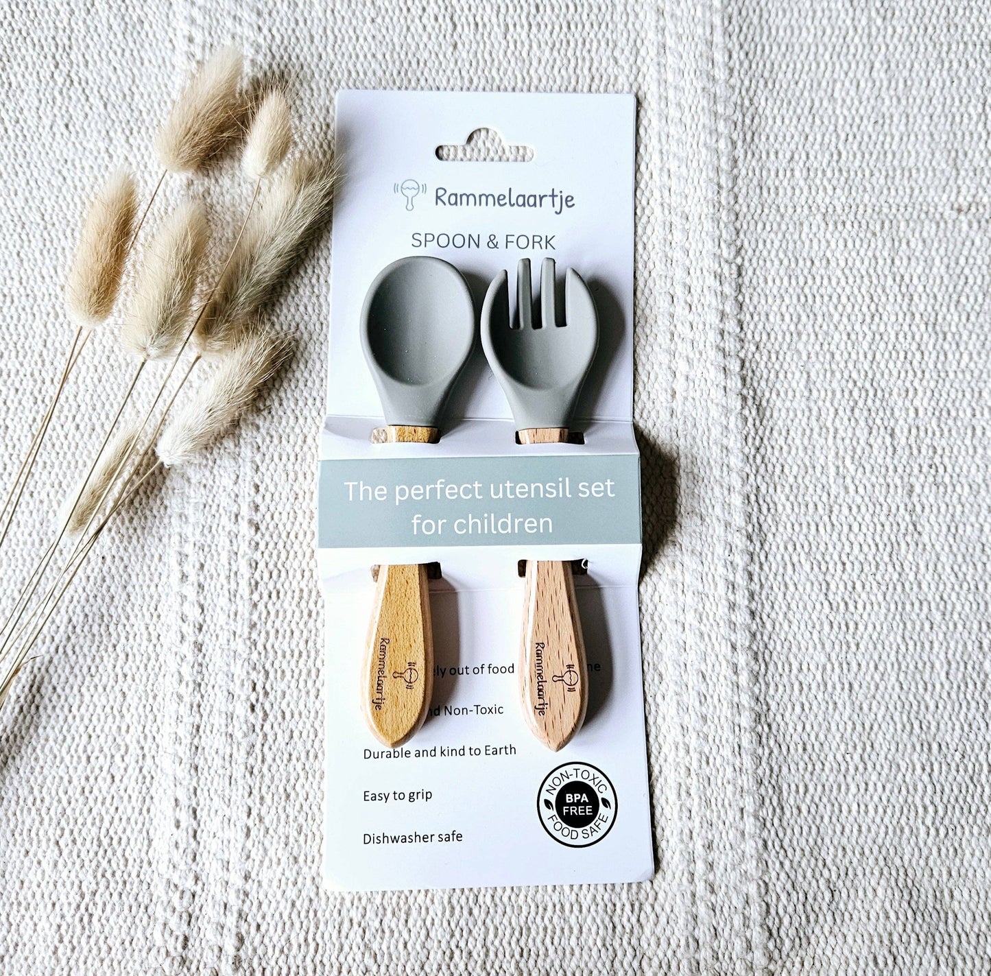 Cuillère et fourchette en silicone avec manche en bambou