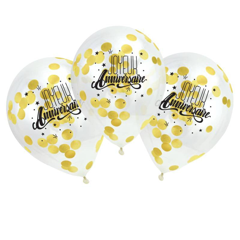 Ballons  "Joyeux anniversaire" confettis or