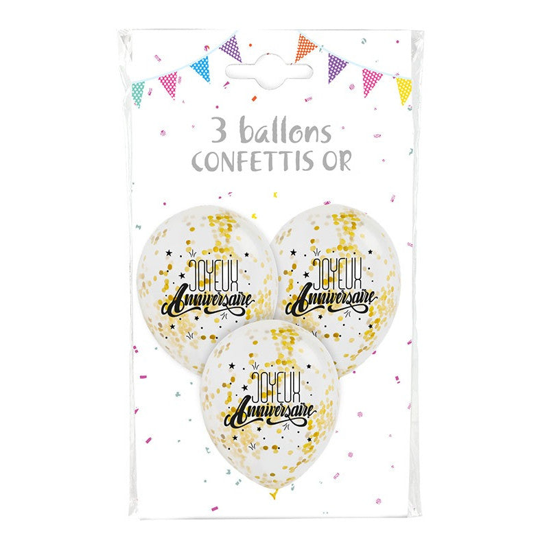 Ballons  "Joyeux anniversaire" confettis or