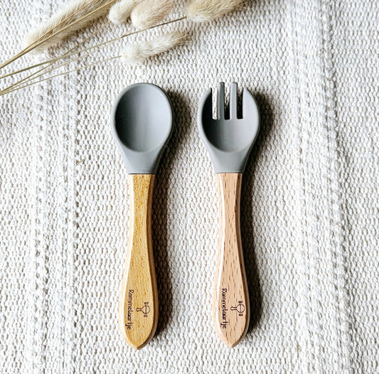 Cuillère et fourchette en silicone avec manche en bambou