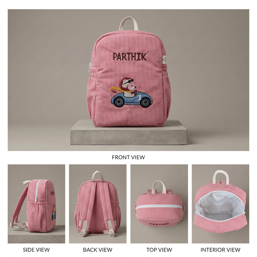 Sac d'école « Little Racer Lion », brodé à la main