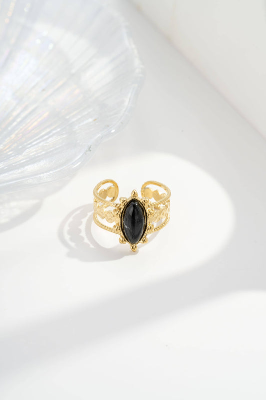 Bague Dorée Pierre Noire ajourée Acier Inoxydable