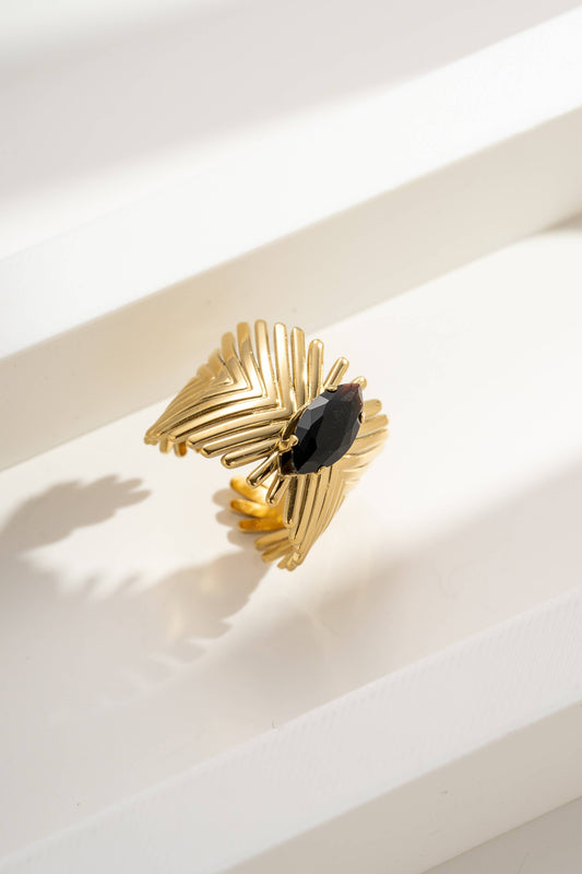 Bague ajustable acier plume symétrique avec cristal noir