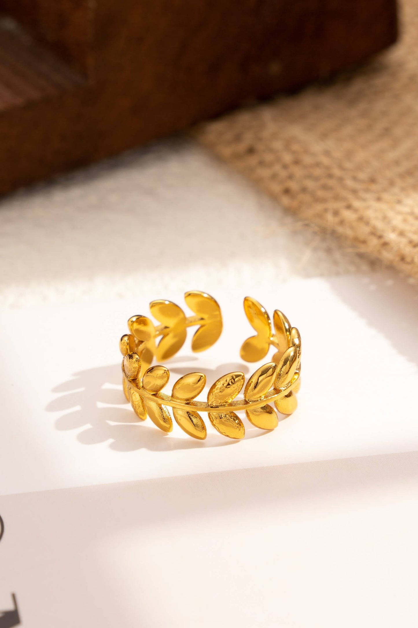 Bague feuilles doré ajustable guirlande acier inoxydable