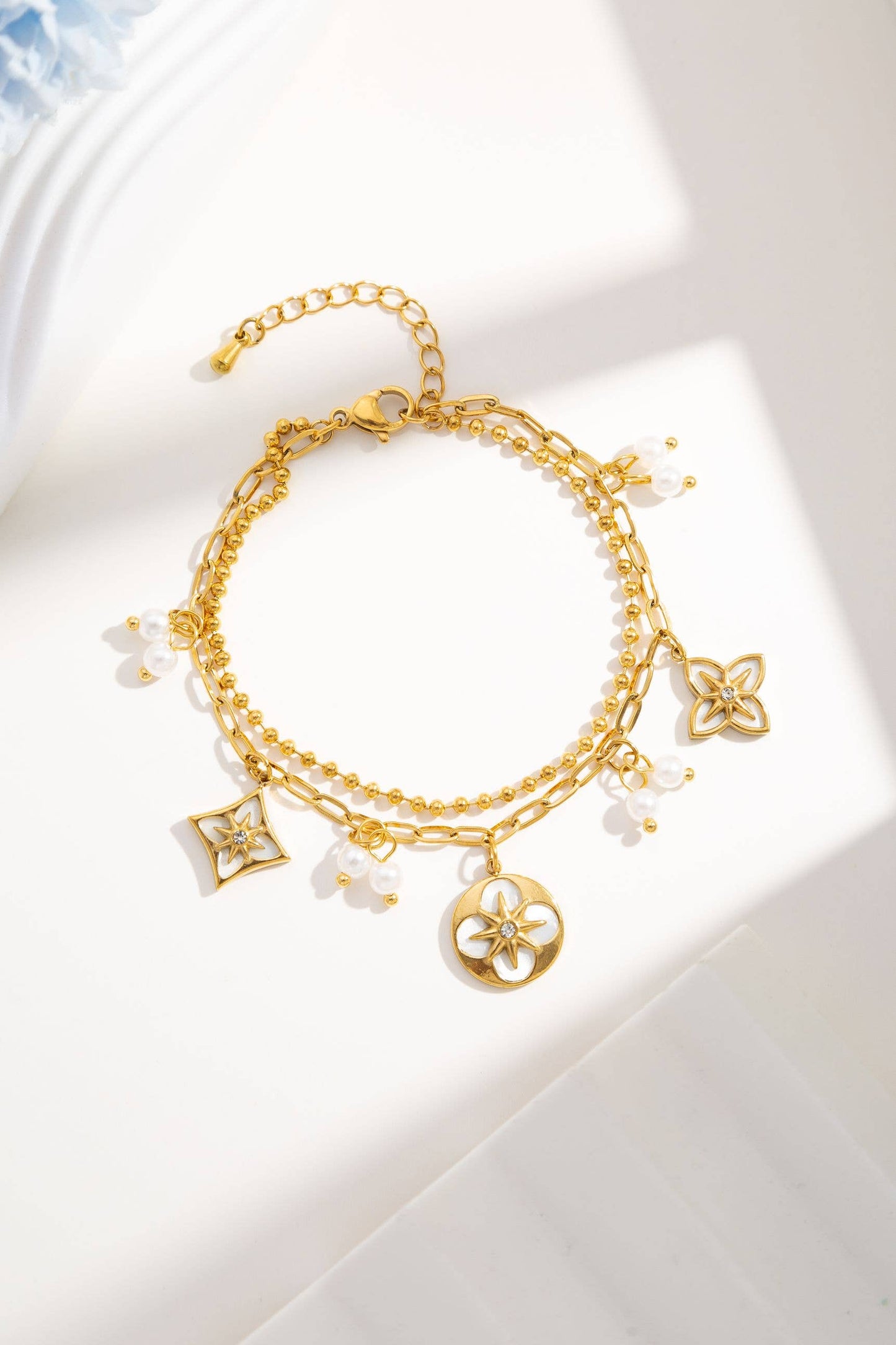 Bracelet double tour doré acier inoxydable trèfle fleurs