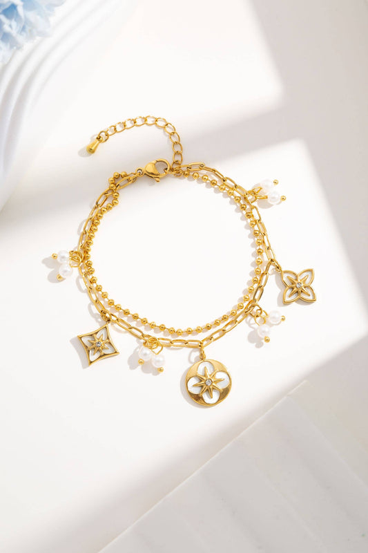Bracelet double tour doré acier inoxydable trèfle fleurs