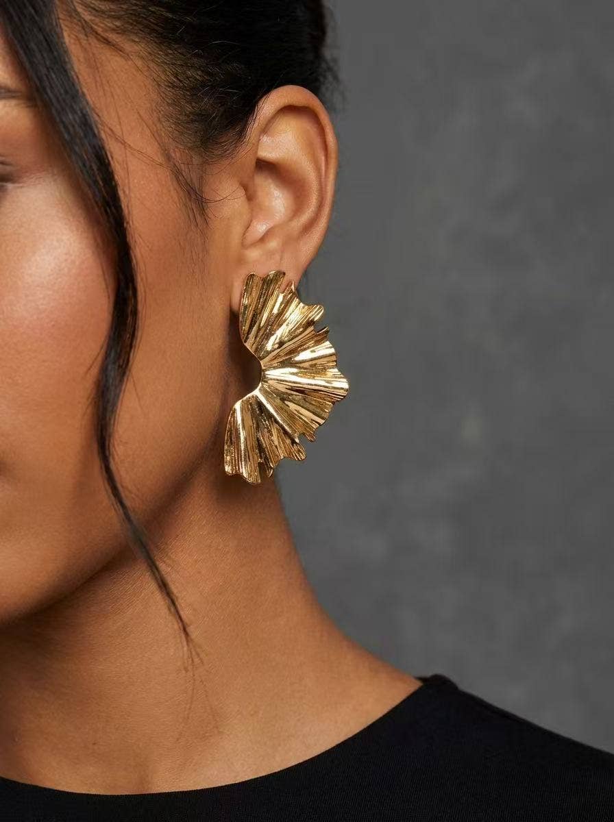 Boucles d’oreilles éventail sculptural doré acier inoxydable