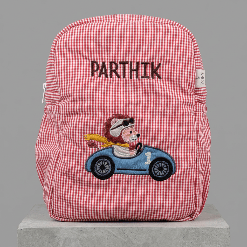 Sac d'école  « Little Racer Lion », brodé à la main