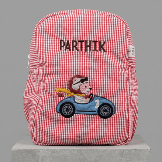 Sac d'école  « Little Racer Lion », brodé à la main
