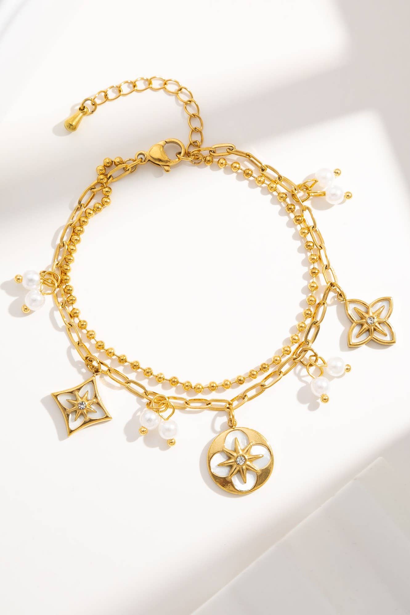 Bracelet double tour doré acier inoxydable trèfle fleurs